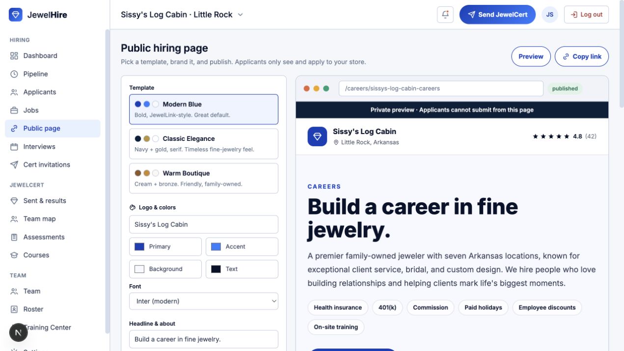 JewelHire public careers-page builder with template, brand, publish, and preview controls.