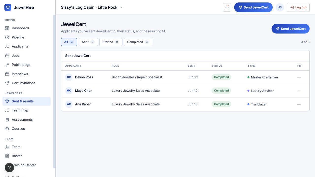 JewelHire JewelCert results with completed candidate assessments and readiness details.