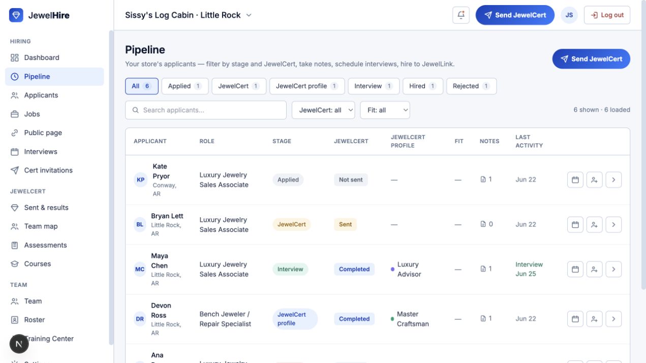 JewelHire recruiting pipeline with applicants, JewelCert status, and hiring stages.